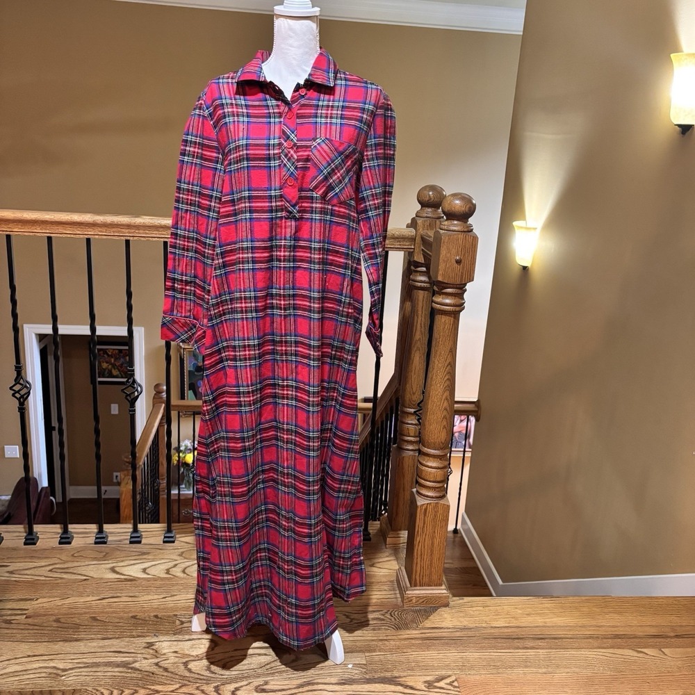 Pajamagram Red Plaid Flannel Nightgown Women's Small Long Sleeve Sleep Dress